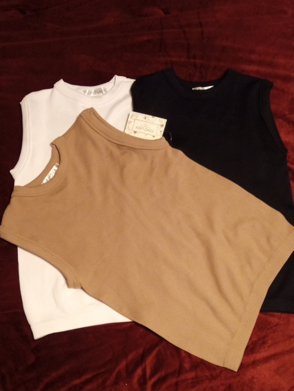 Soho lady Ribbed Tank Tops Trio — Camel, White & Black